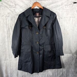 Anne Klein Black Trench Coat XL Snakeskin Lining Button Front Pockets